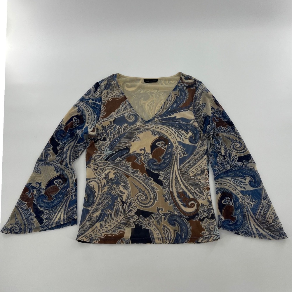 The Limited Vintage Y2K Fairy Paisley Mesh Sheer Bell Sleeve V-Neck Top Indie S